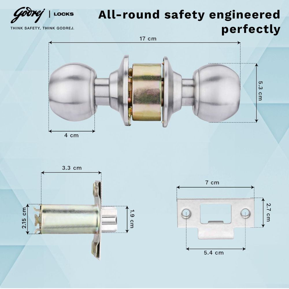 Godrej Cylindrical Lock | with 3 Keys | Classic Range | for Bedroom Door, Internal Wooden Door | 6cm 60mm Backset | Suitable for Left Right Handed & InsideOutside Opening | 5 Years Warranty